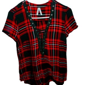 V Neck Front String Tie Plaid Blouse